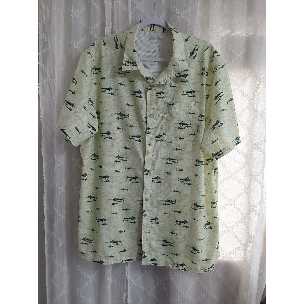 Columbia PFG Mens Large Green Marlin Fish Print Short Sleeve Button Down Shirt